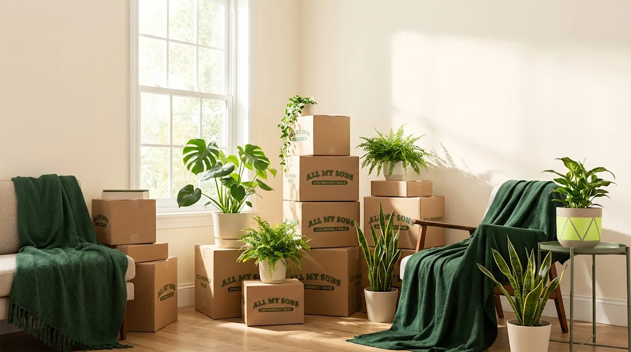Sustainable move with All My Sons boxes and lush green plants in a sunlit, modern living room.