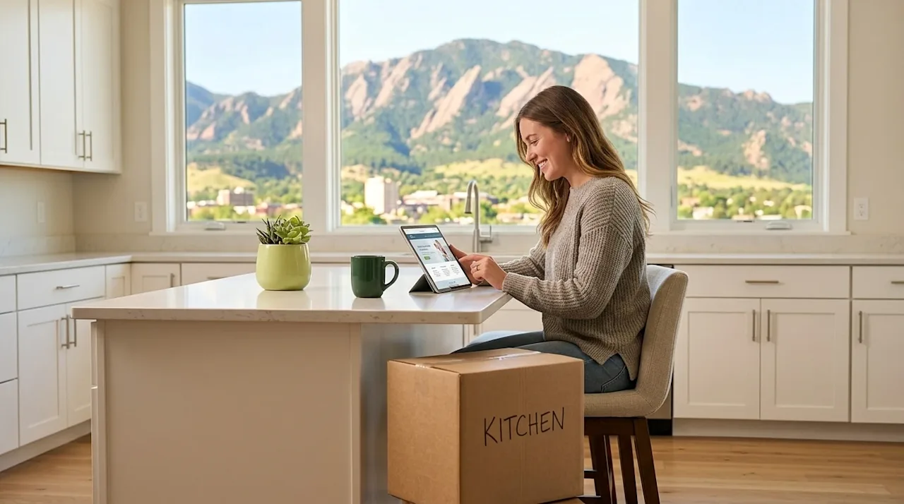 Professional marketing photography of a smiling young woman sitting at a bright, modern kitchen island in her newly relocated