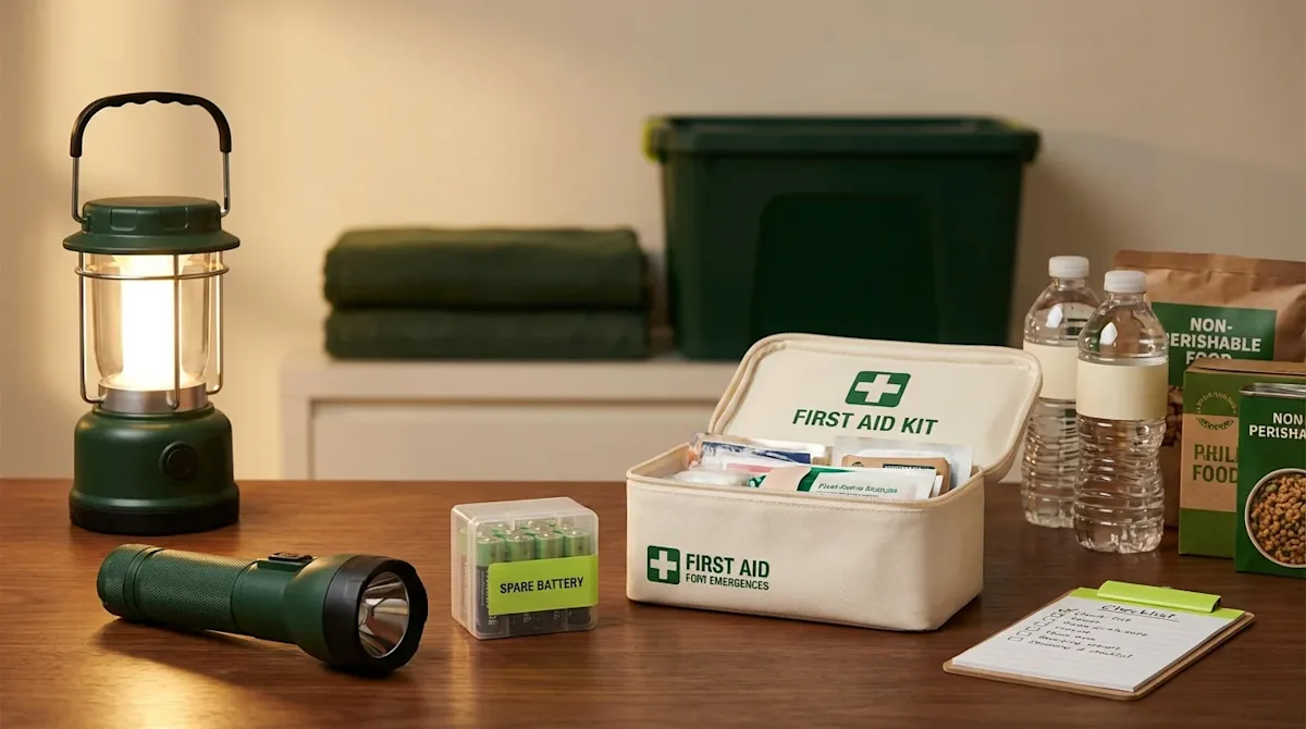 Home emergency preparedness kit with a flashlight, first aid kit, batteries, and water for power outage safety.