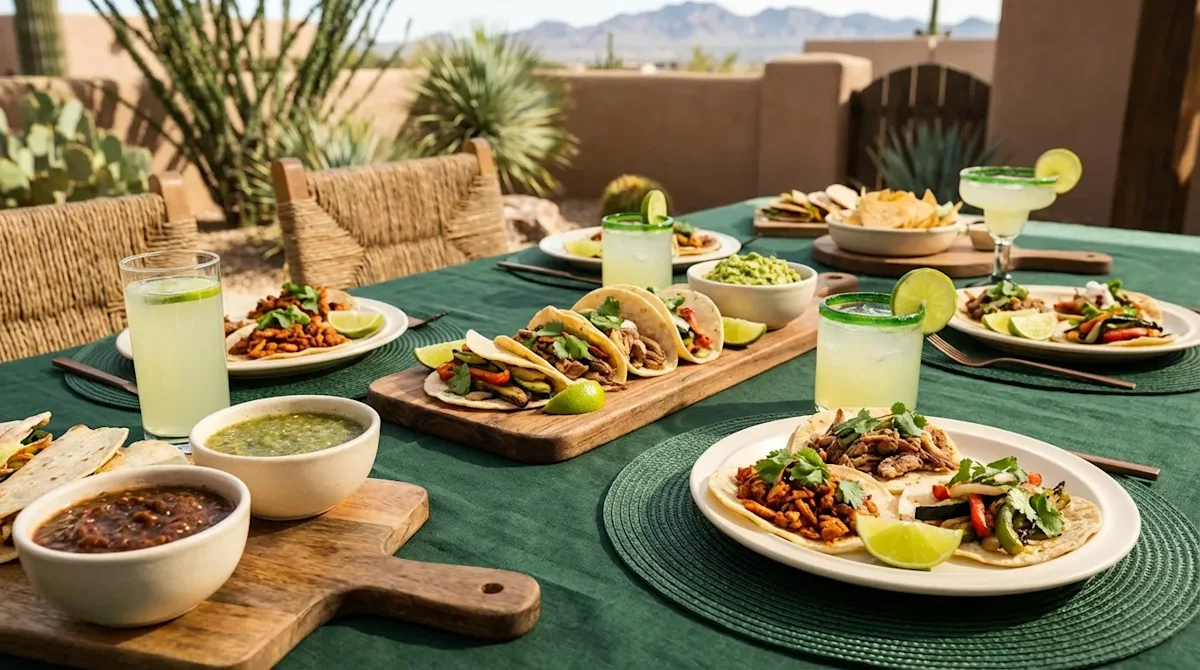 Authentic Mexican taco spread with salsa and lime wedges on a dark green tablecloth in El Paso, Texas.