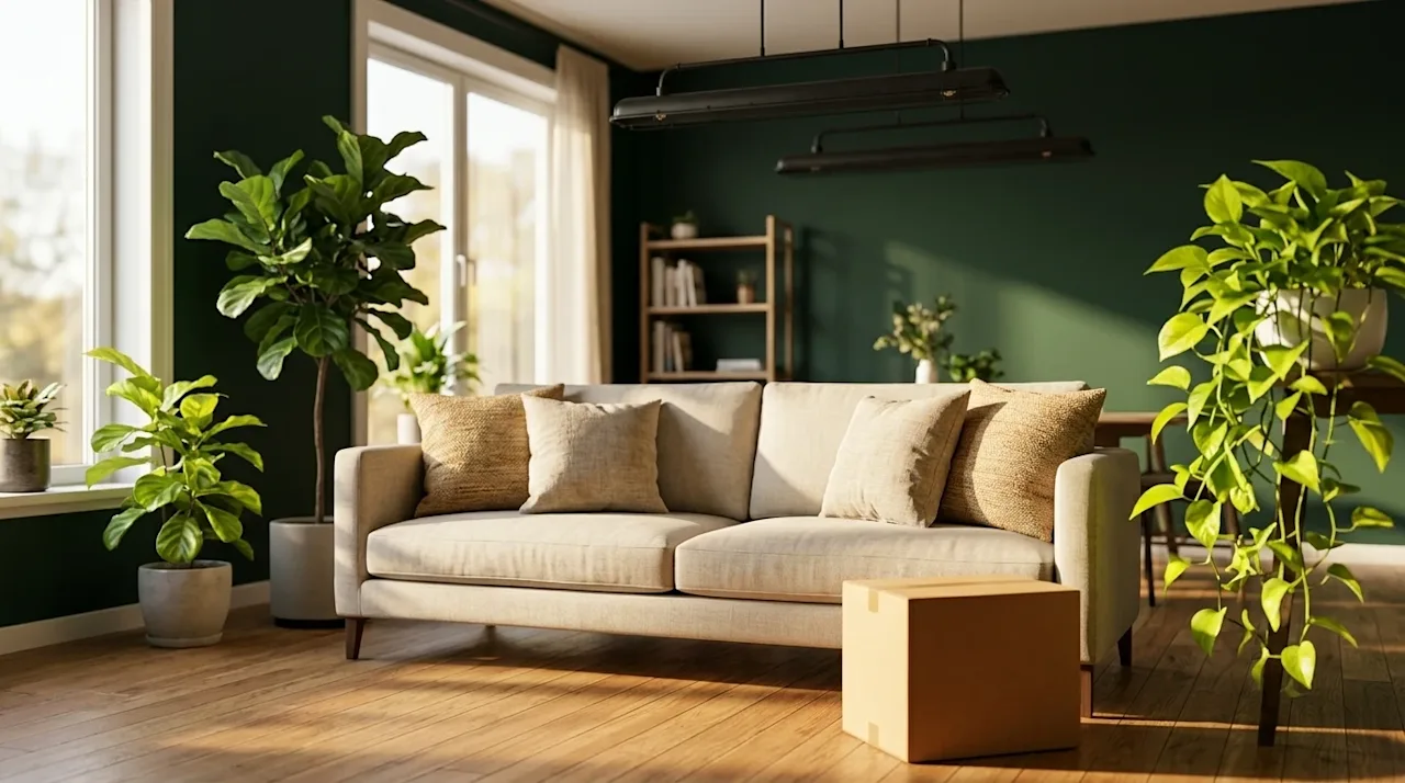 High-end interior photography of a stylish, newly settled living room showcasing 2019 interior design trends in a sunny, welc