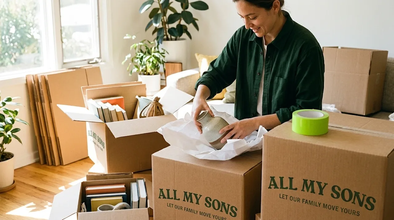 A candid, warm lifestyle photograph of a person carefully packing belongings into brown cardboard moving boxes in a brightly