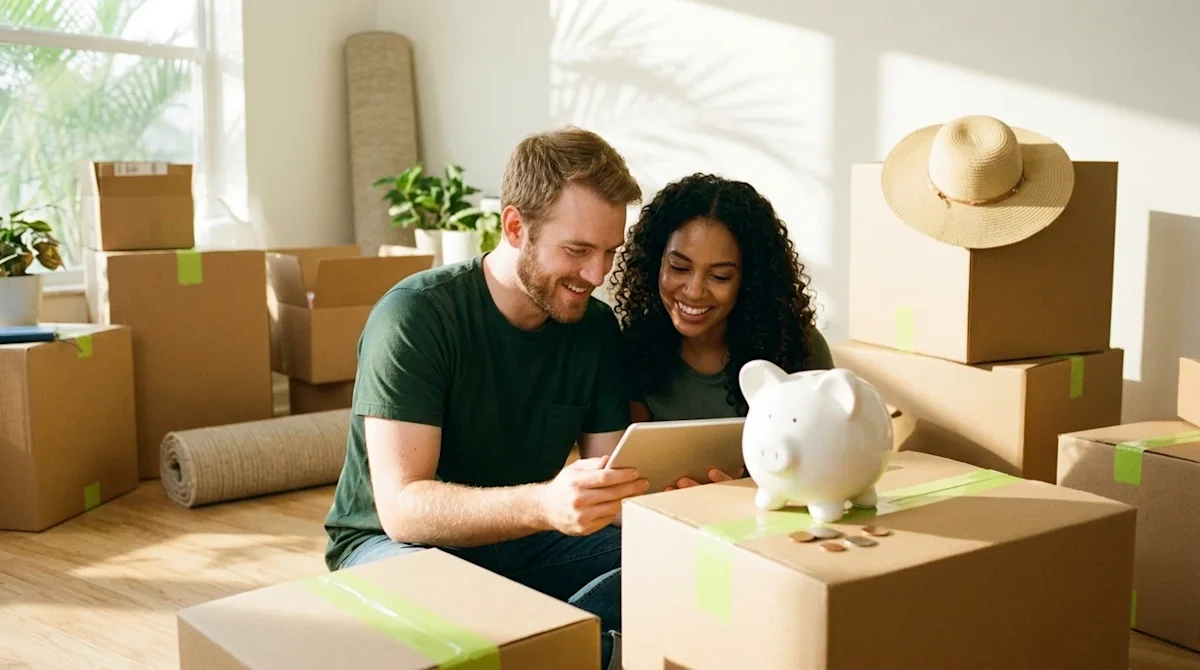 Candid lifestyle photography of a happy young couple sitting on the floor of a bright, sunlit living room surrounded by cardb
