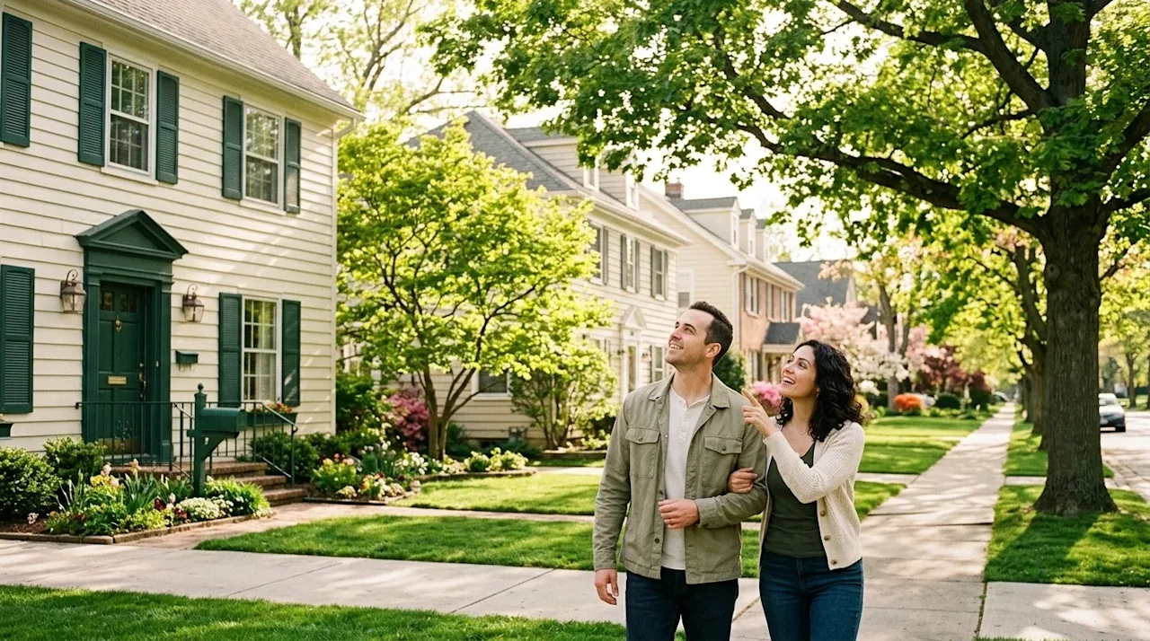 A candid, warm lifestyle photograph of a beautiful, idyllic suburban neighborhood street on a sunny day. A happy couple walks