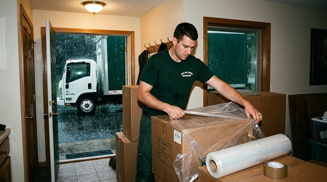 A candid, realistic 35mm film style photograph of a professional mover preparing for a move on a rainy day. The mover, wearin