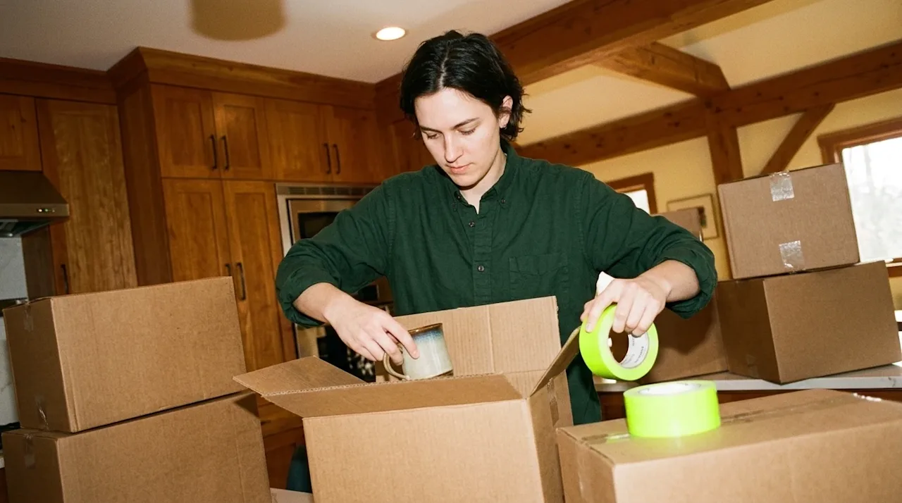 A candid, lifestyle photograph illustrating a clever moving hack. A focused, stress-free person is organizing household items