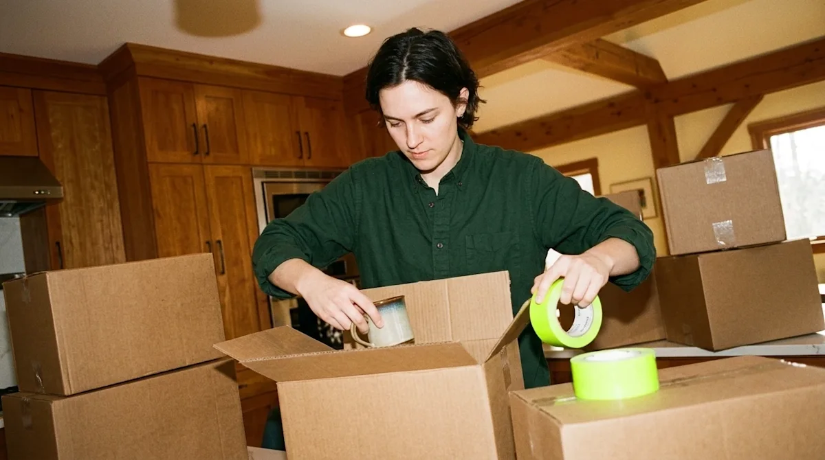 A candid, lifestyle photograph illustrating a clever moving hack. A focused, stress-free person is organizing household items