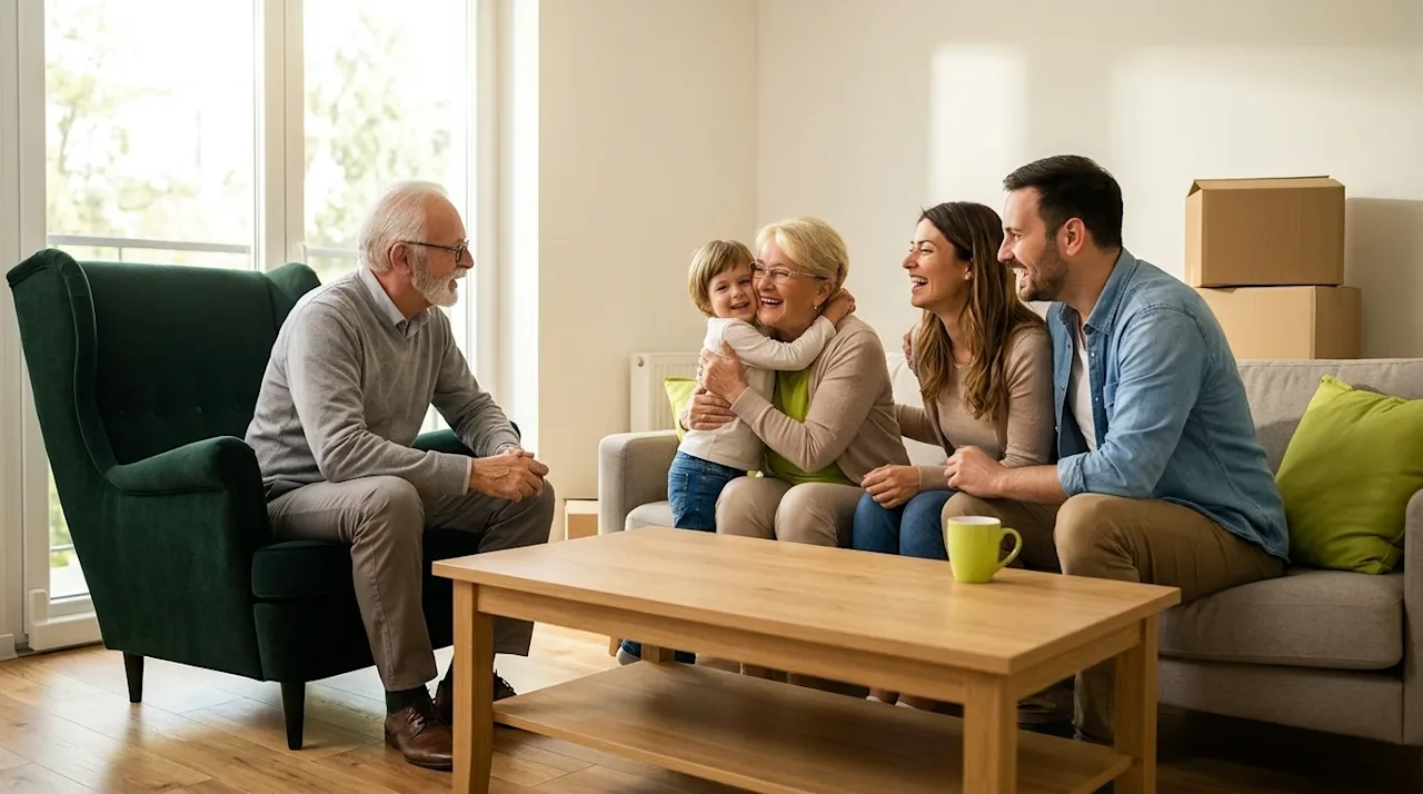 Clear, professional marketing photography of a happy multigenerational family settling into their new home. A grandfather, gr