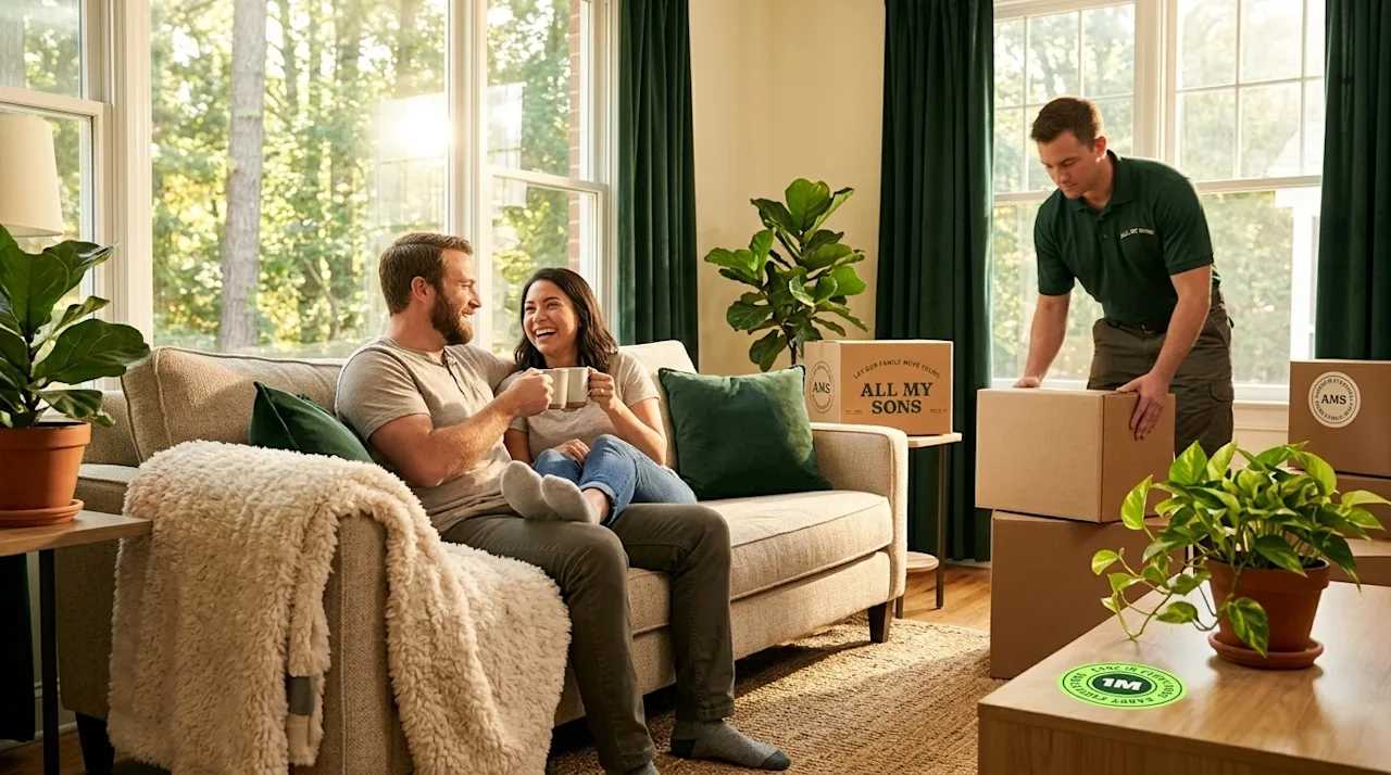 Clear, professional marketing photography of a bright, sunny living room in a welcoming Raleigh, North Carolina home. A relax