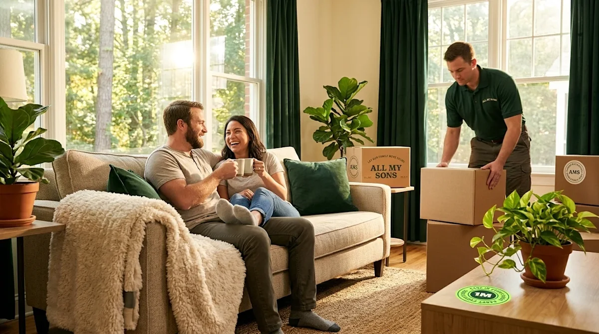 Clear, professional marketing photography of a bright, sunny living room in a welcoming Raleigh, North Carolina home. A relax