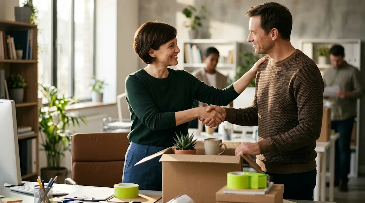 A candid, editorial lifestyle photograph of a professional woman saying goodbye to her job before a major relocation. She is