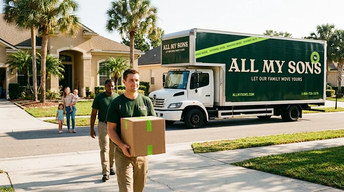 Candid, warm lifestyle photography of a professional moving day on a sunny residential street in Jacksonville, Florida. In th