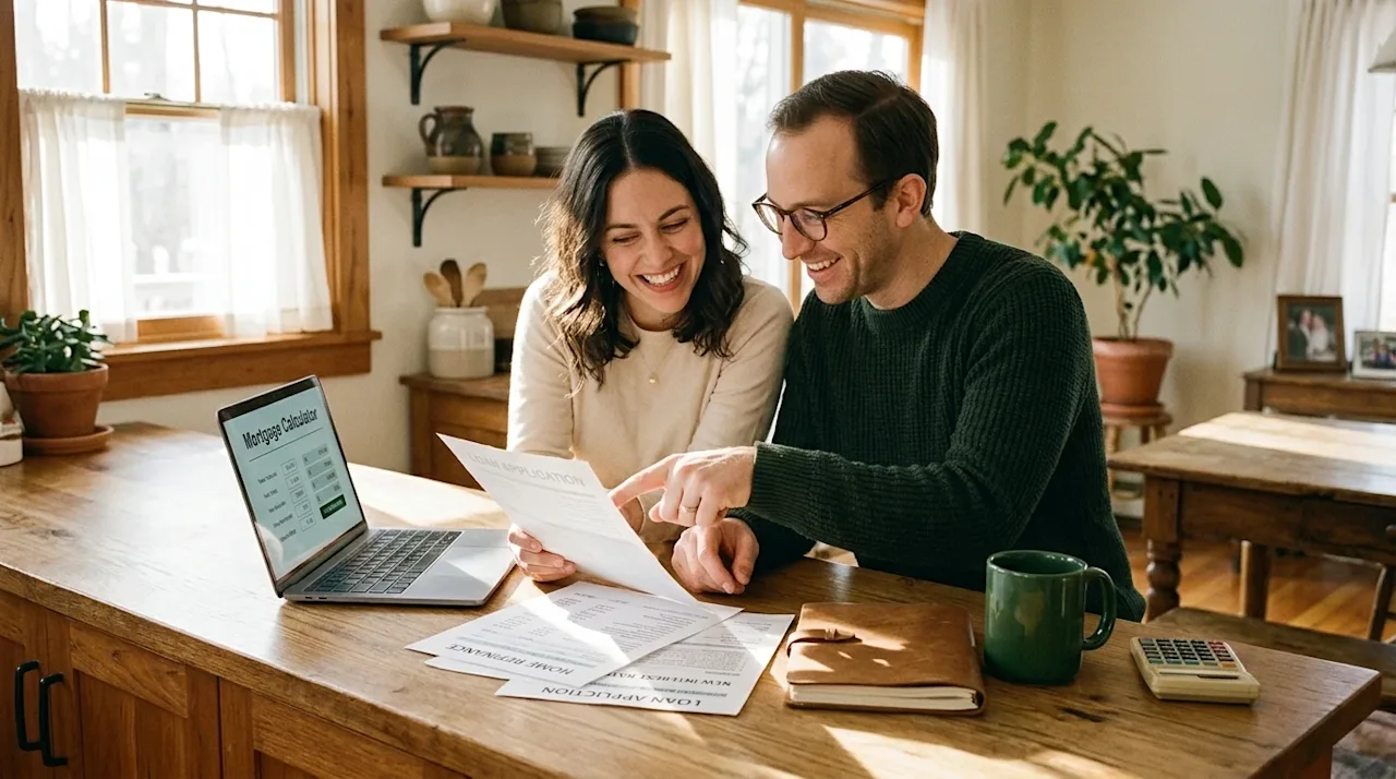 Candid lifestyle photography of a smiling couple sitting at a warm oak wood kitchen island in a cozy, sunlit home, reviewing