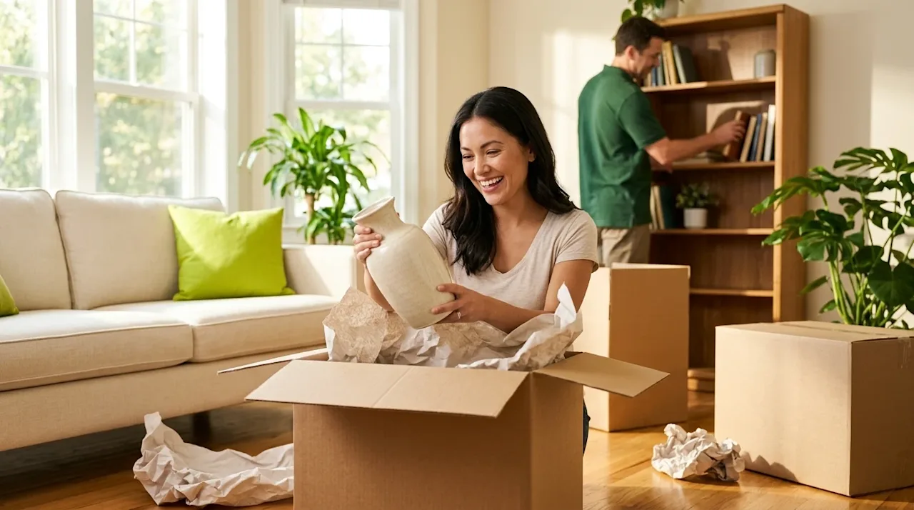 A bright, high-quality lifestyle photograph of a happy couple unpacking in their new home. A smiling woman is pulling a cream