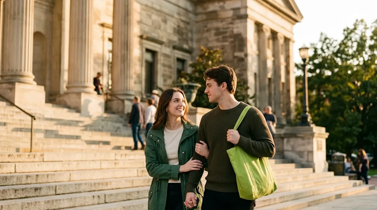 A candid, authentic lifestyle photograph of a young couple happily walking up the wide stone steps of a grand, historic museu