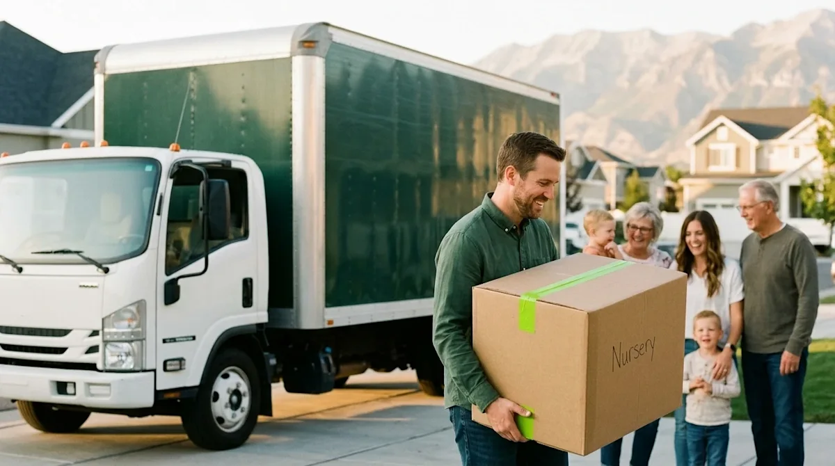 Candid, authentic 35mm film lifestyle photography of a happy family packing and moving in a suburban driveway, with a subtly