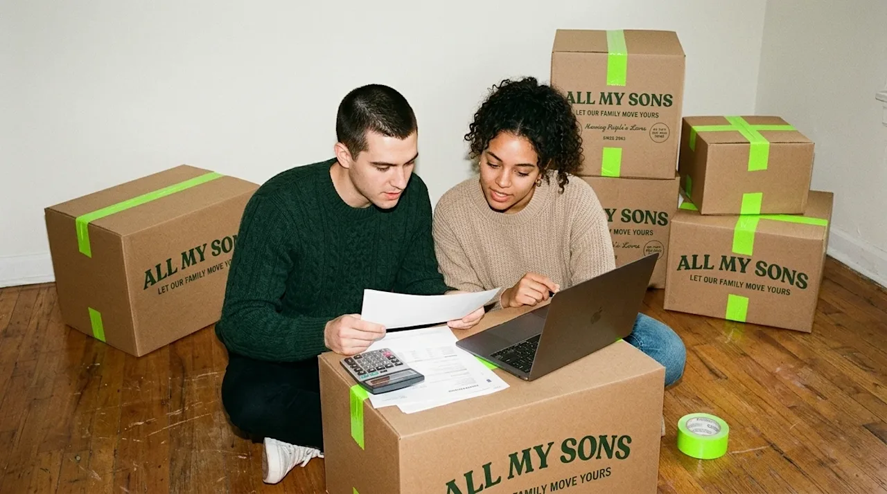A candid, unposed lifestyle photograph shot on 35mm film, showing a young couple sitting on the hardwood floor of an unfurnis
