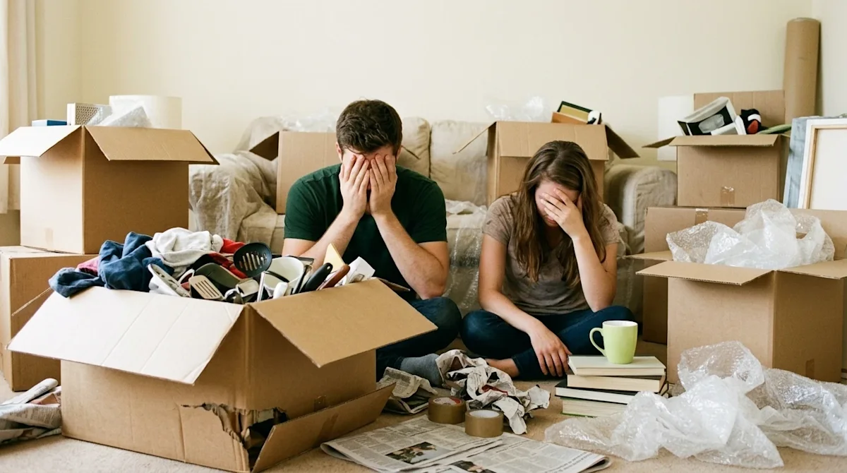 Candid lifestyle photography of a stressful DIY moving day. A visibly overwhelmed couple sitting on the floor of a chaotic, h