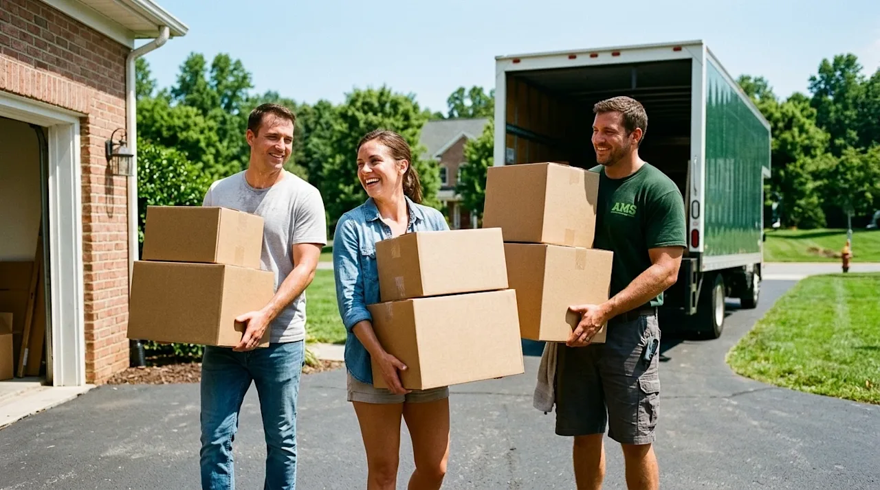 Candid, documentary-style 35mm film photography of a family and a professional mover during a bright, hot summer day move. A
