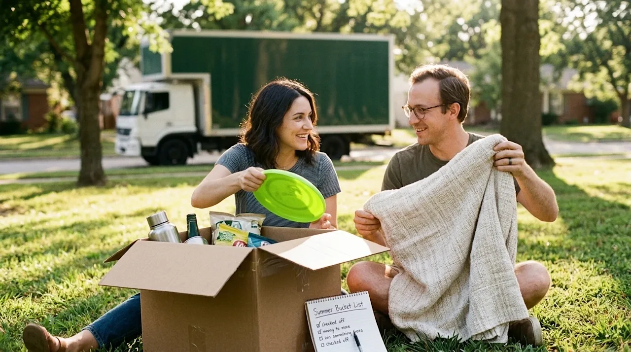A candid, realistic lifestyle photograph of a happy couple checking items off their summer bucket list in a sunlit park in Tu