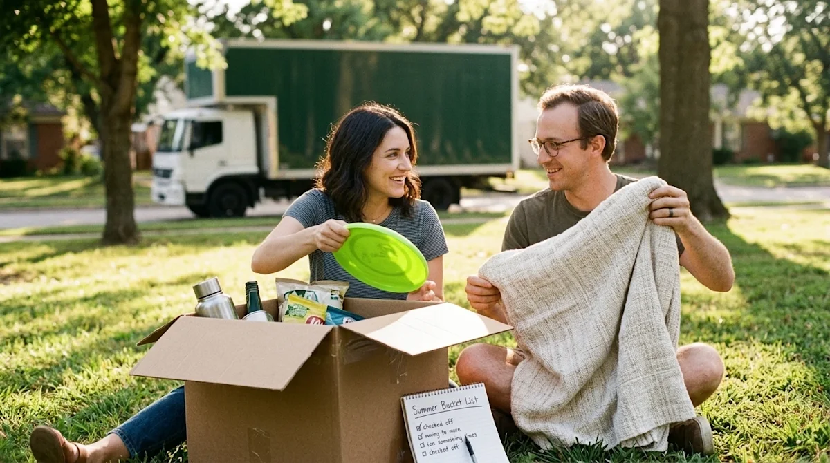 A candid, realistic lifestyle photograph of a happy couple checking items off their summer bucket list in a sunlit park in Tu