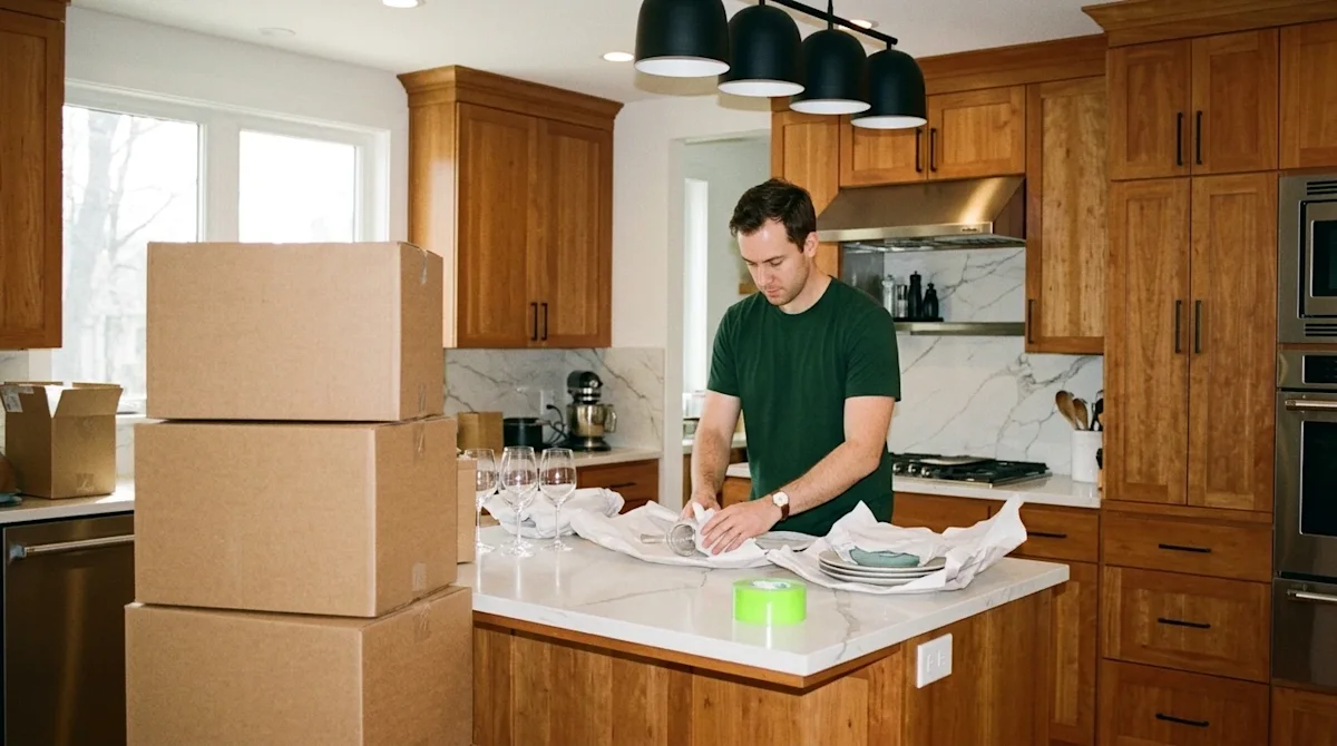 Candid lifestyle photography, 35mm film aesthetic, showing a careful professional mover packing items inside a bright, modern