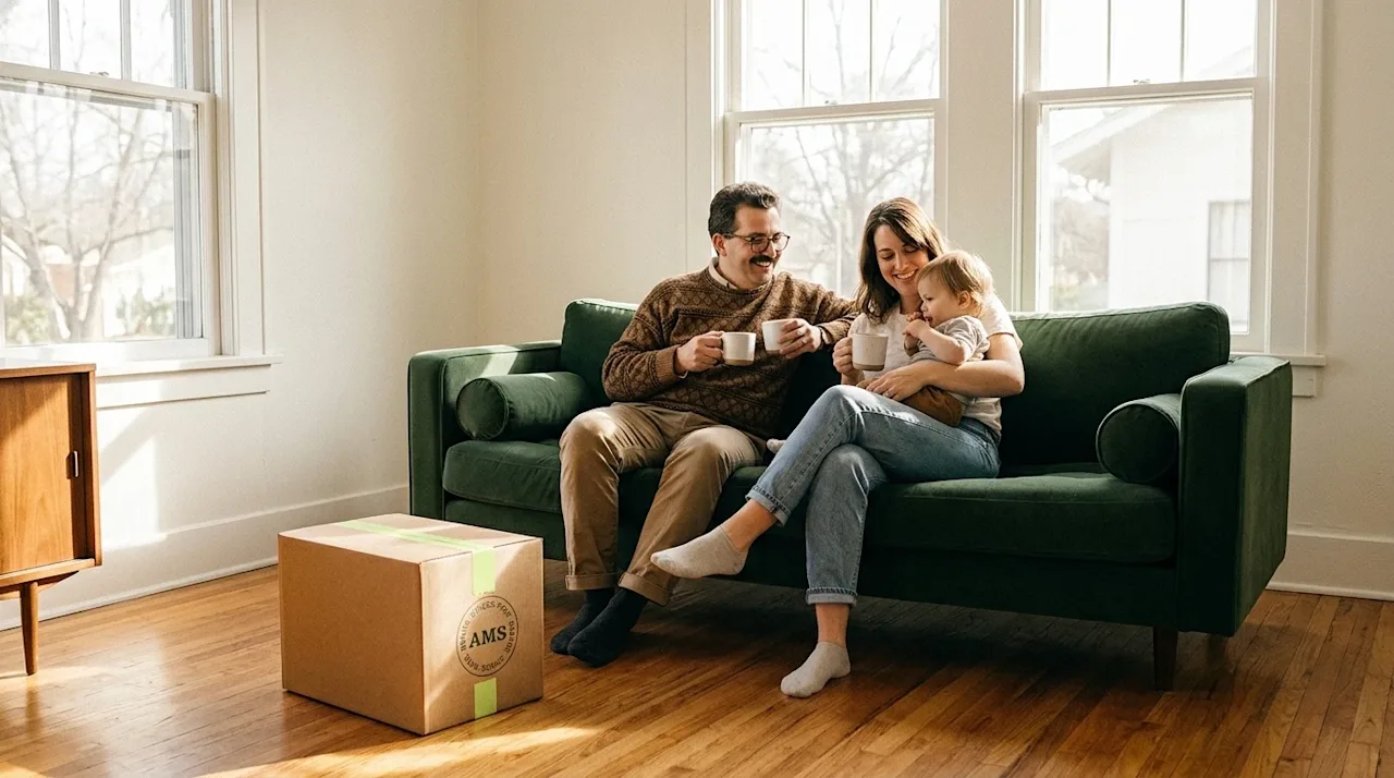 Professional marketing photography of a happy, relaxed family enjoying a stress-free moment in their beautifully lit, off-whi