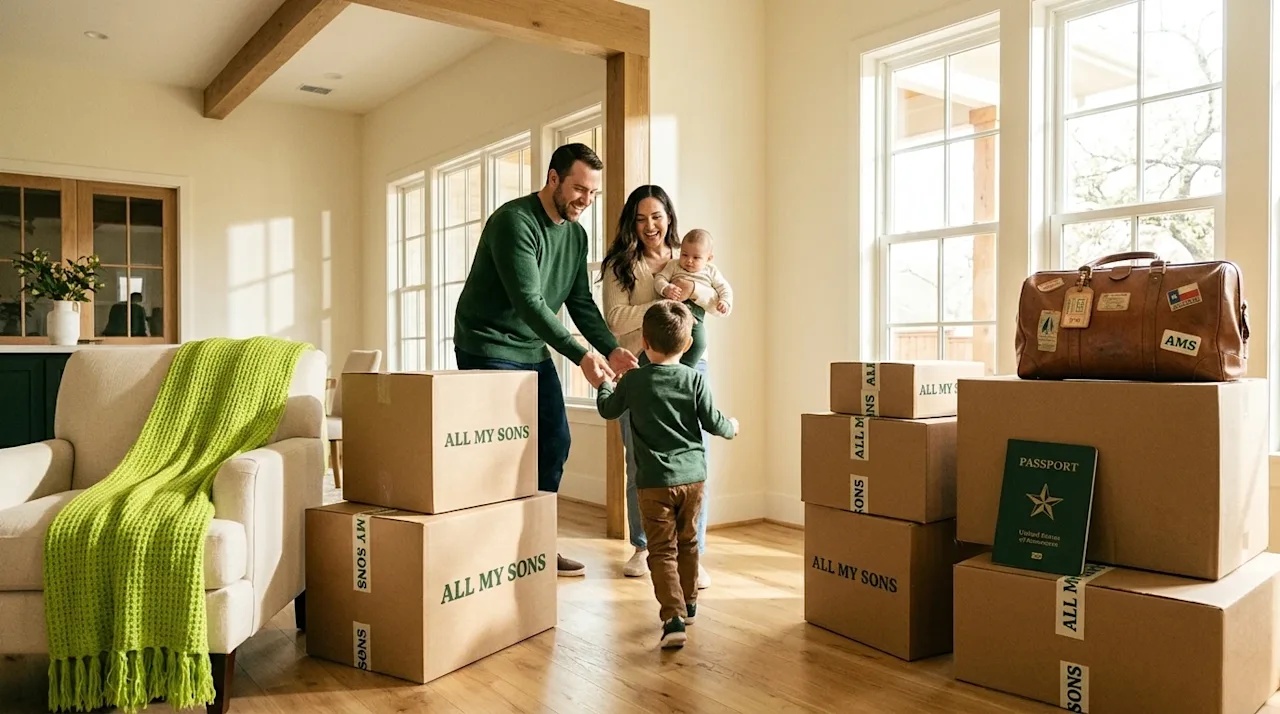 Professional marketing photography, an eye-level lifestyle shot of a joyful family arriving in their sun-drenched, spacious T