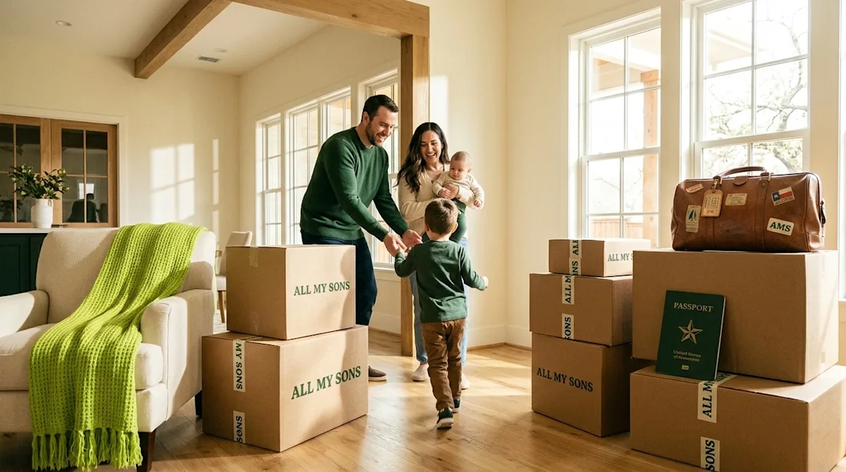 Professional marketing photography, an eye-level lifestyle shot of a joyful family arriving in their sun-drenched, spacious T