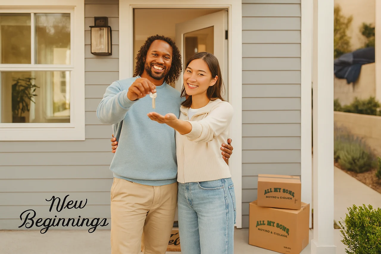 A friendly couple joyfully embraces their new home, holding keys, with All My Sons moving boxes, for a seamless and stress-free relocation.