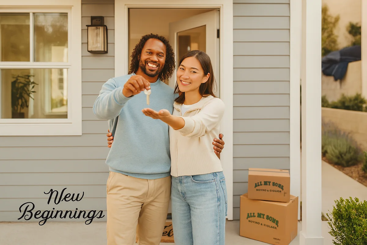 A friendly couple joyfully embraces their new home, holding keys, with All My Sons moving boxes, for a seamless and stress-free relocation.
