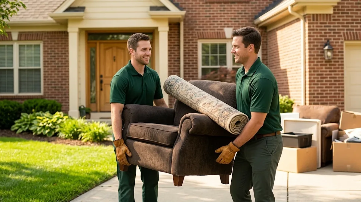 Professional marketing photography of a friendly and hardworking junk removal crew clearing out clutter from a sunny suburban