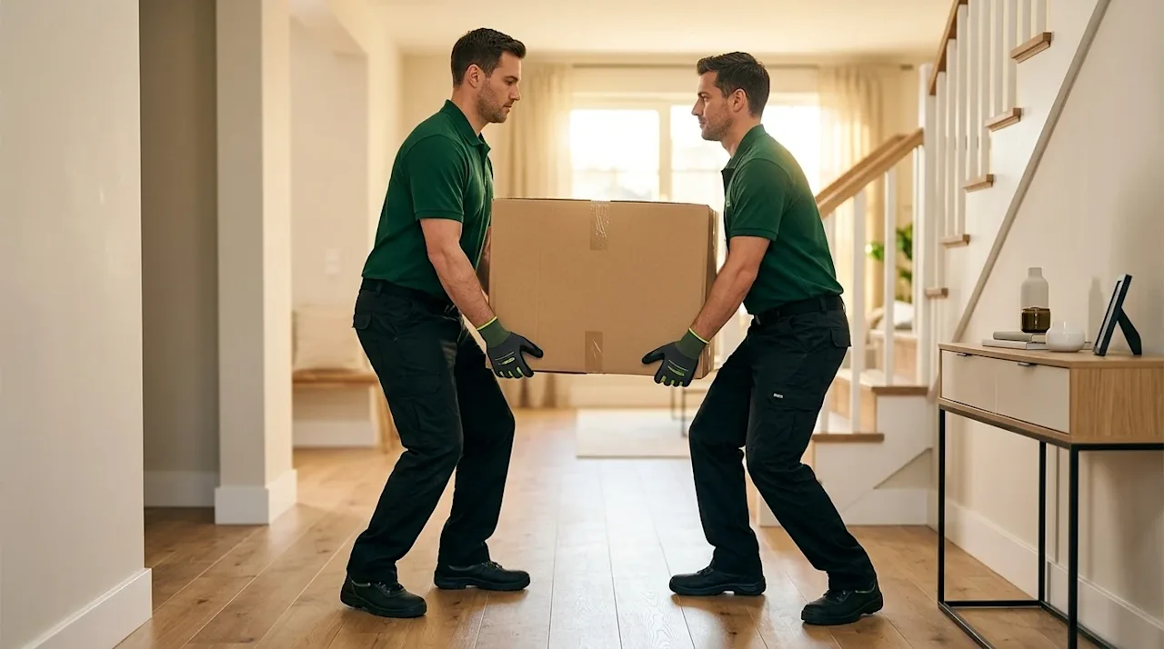 Clear and professional marketing photography showing a safe moving process. Two professional movers carefully carrying a secu