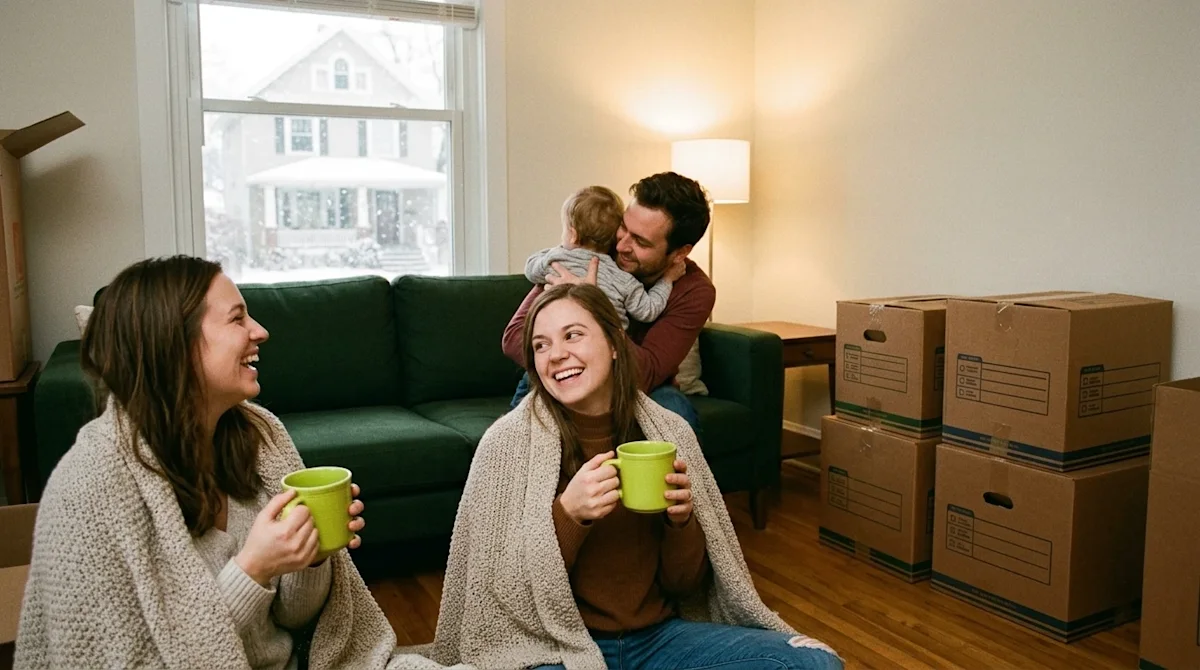 Authentic lifestyle photography of a family warmly settling into their new Cleveland home during a snowy winter day. The cozy