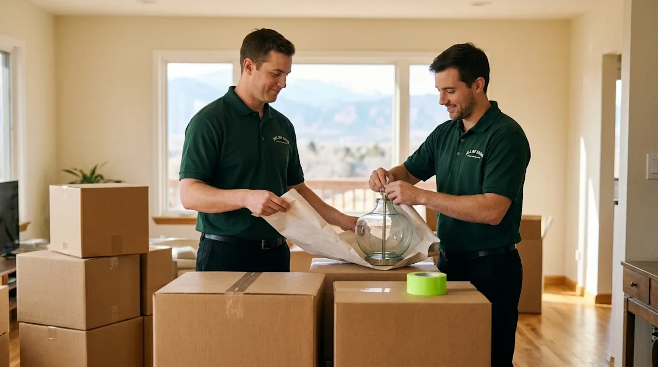 Candid 35mm film photography of a stress-free, full-service moving day in a sunlit Colorado Springs home. Two professional mo