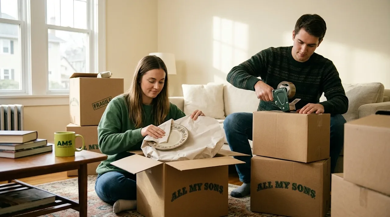 A candid, realistic lifestyle photograph of a young couple efficiently packing their own belongings into sturdy kraft cardboa