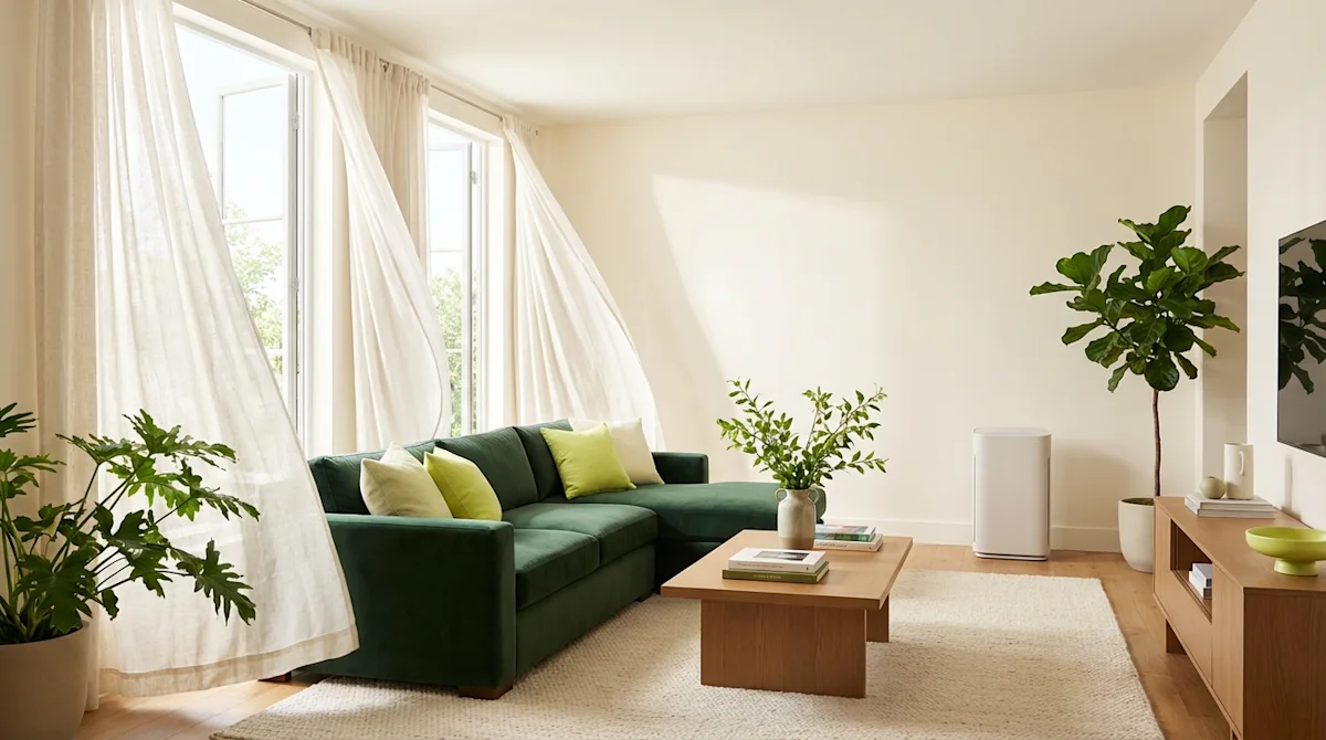 Bright living room with green sofa and open windows, illustrating fresh air and a clean new home.