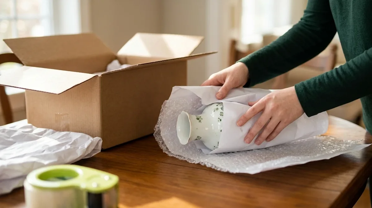 Professional marketing photography of a close-up lifestyle scene demonstrating the careful packing of fragile items. Two hand