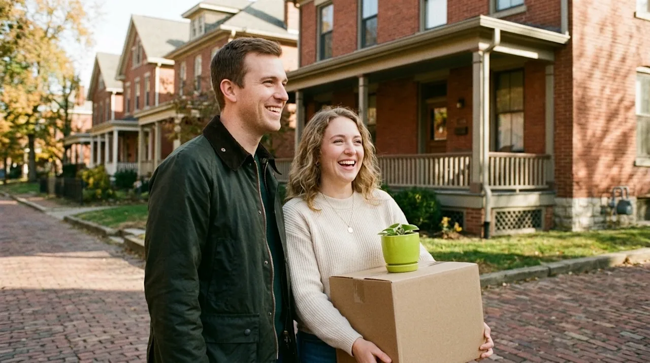 A candid, authentic lifestyle photograph of a joyful couple standing on a charming brick-lined street in a historic Columbus,