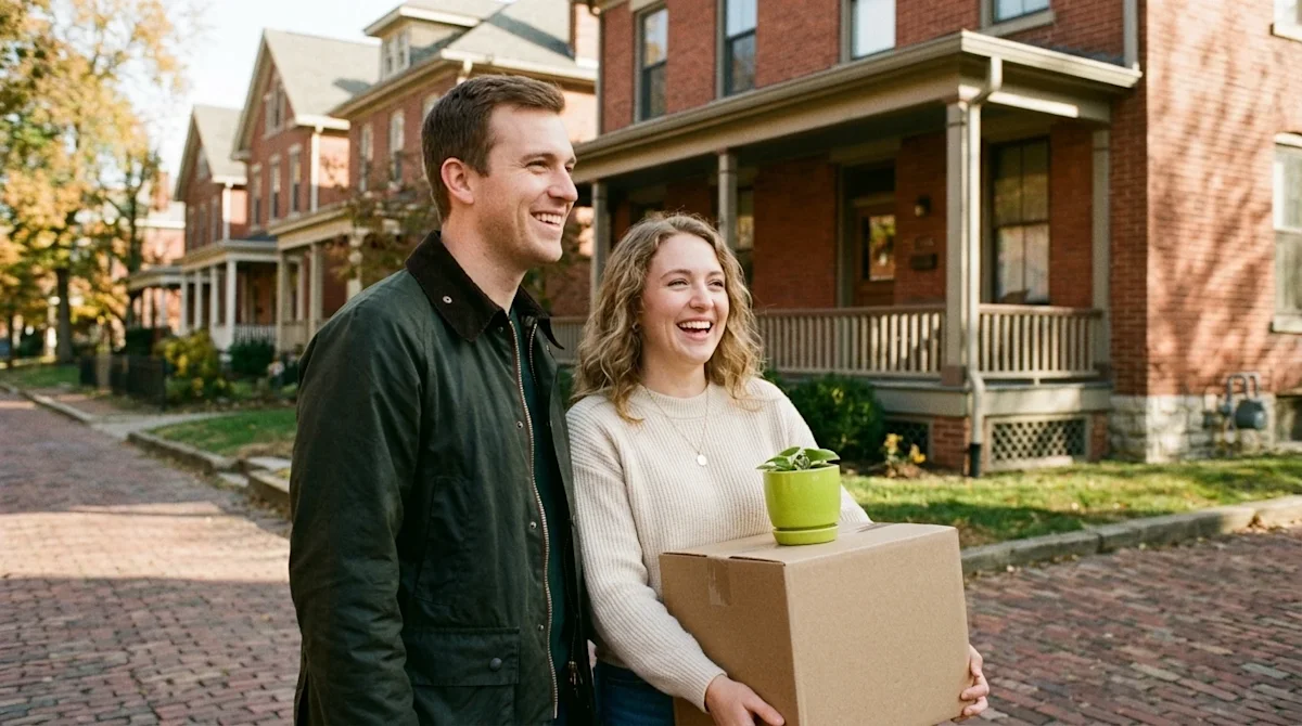 A candid, authentic lifestyle photograph of a joyful couple standing on a charming brick-lined street in a historic Columbus,