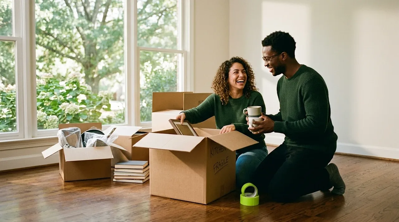 Candid 35mm lifestyle photography of a cheerful couple unpacking a clean brown cardboard moving box in the sunlit living room