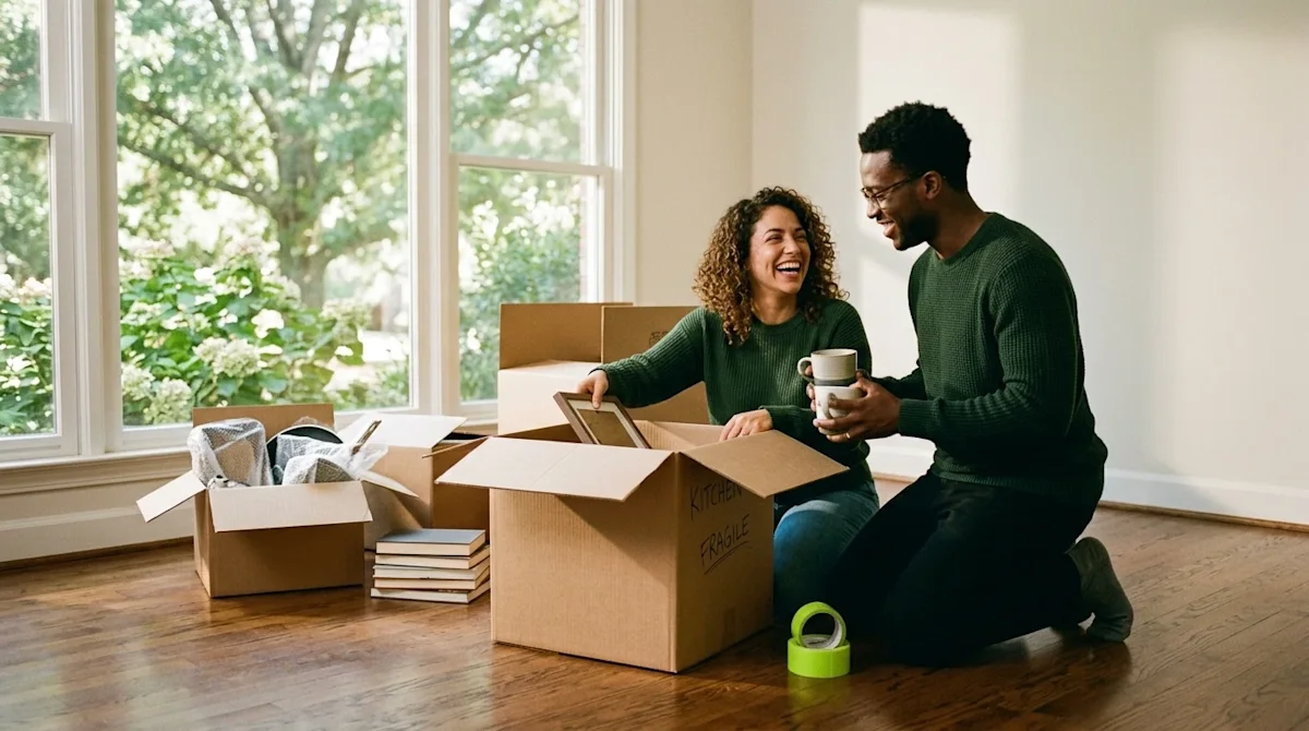 Candid 35mm lifestyle photography of a cheerful couple unpacking a clean brown cardboard moving box in the sunlit living room