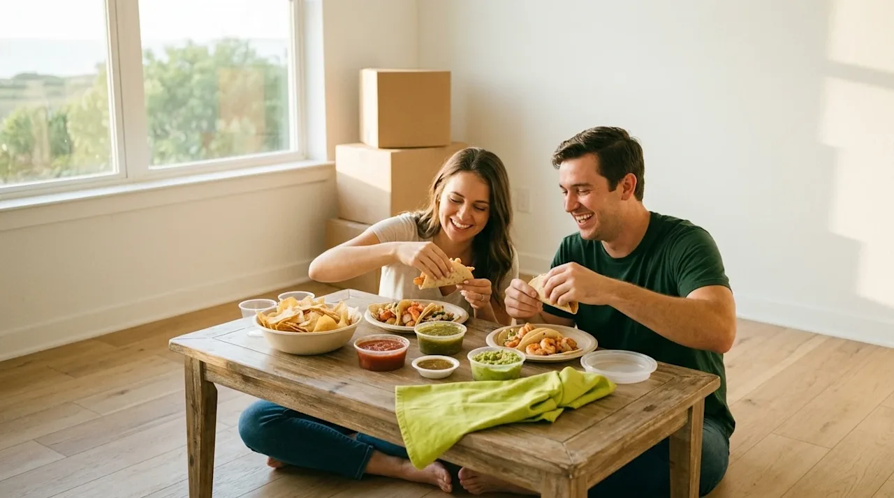 Candid lifestyle photography, shot on 35mm film with a warm, slightly vintage aesthetic and soft film grain. A happy couple i