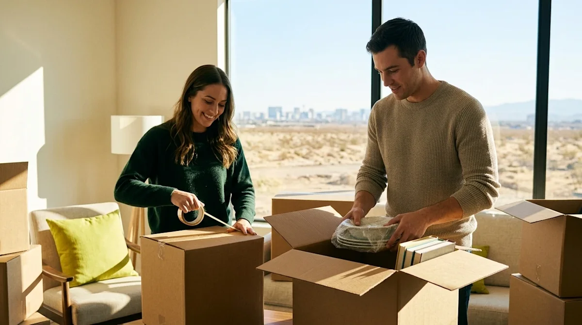 Clear, professional marketing photography with a warm, authentic 35mm film aesthetic. A happy couple packing a couple of kraf