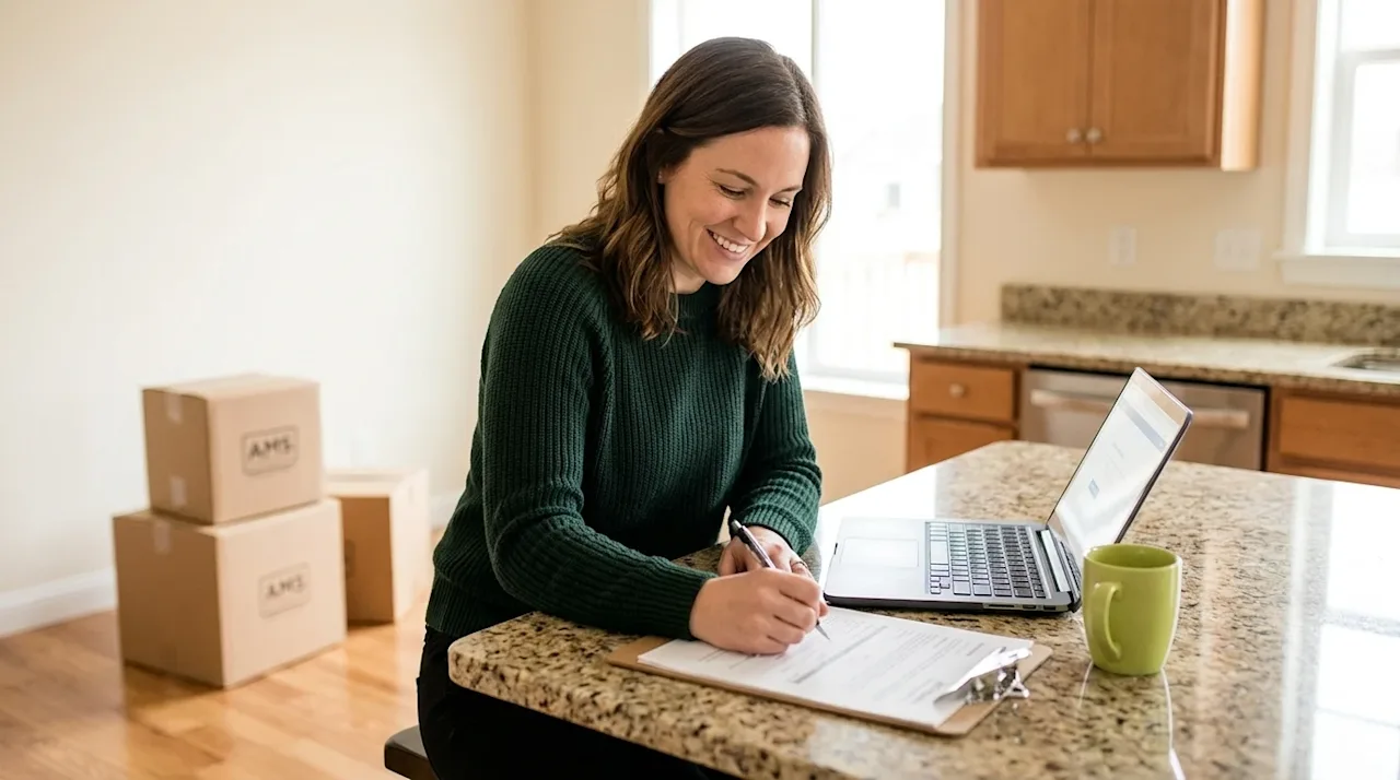 Clear, professional marketing photography of a smiling person sitting at a kitchen island in their newly moved-in home, filli