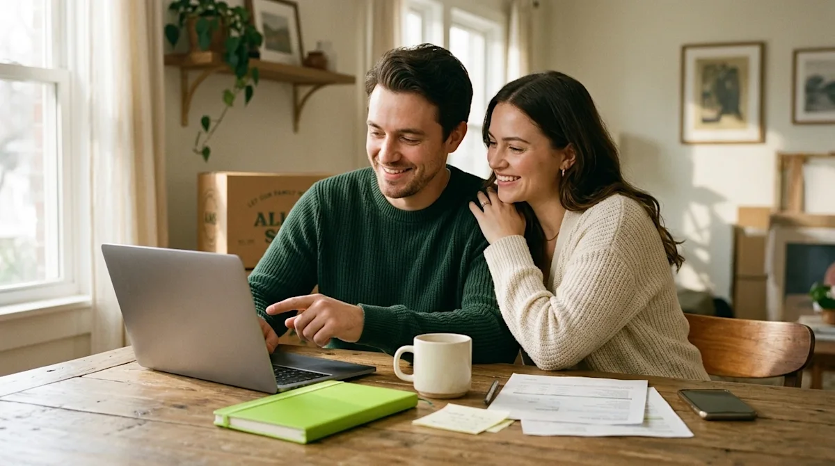 Professional marketing photography of a happy couple sitting at a wooden dining table in a cozy, sunlit home, looking togethe