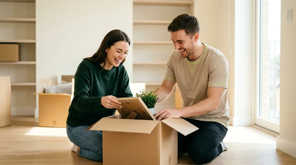 Clear, professional marketing photography of a happy young couple unpacking a single, neat cardboard box in the living room o