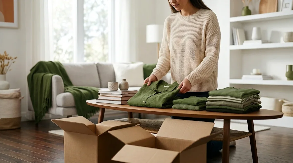 Professional lifestyle photography of a bright, modern living room where a person is thoughtfully decluttering and organizing