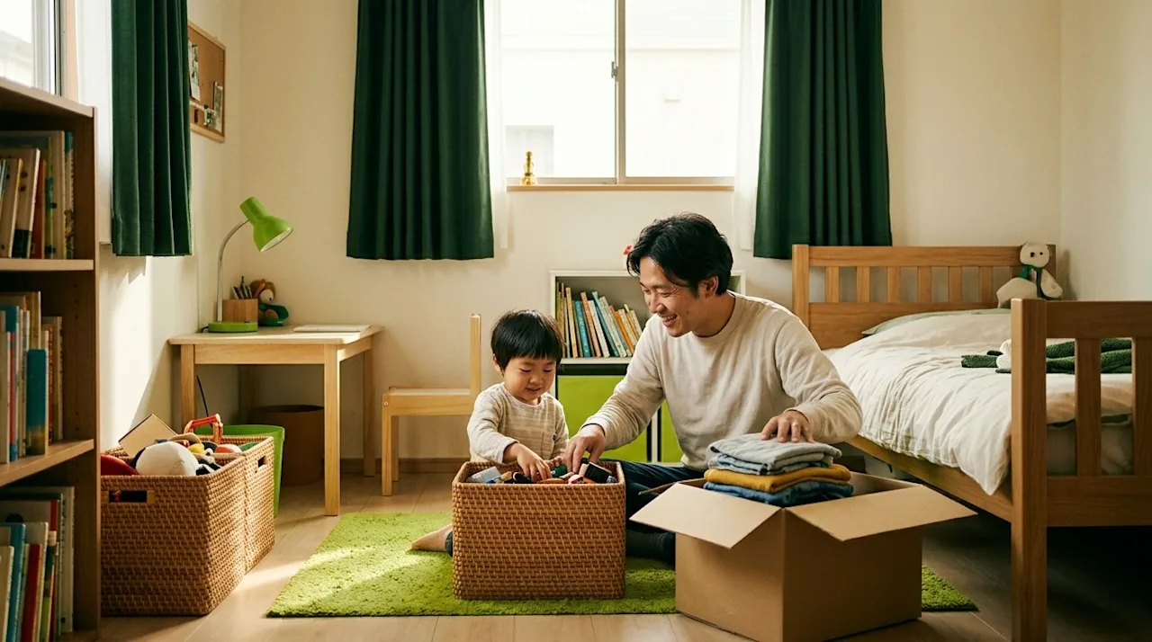 A candid, documentary-style lifestyle photograph of a parent and young child happily organizing a slightly messy children's b