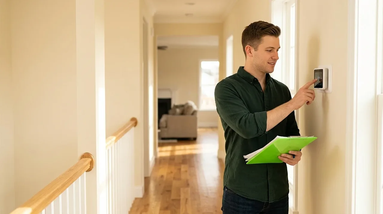 Professional marketing photography of a young homeowner standing in the bright, welcoming hallway of a new house, conducting